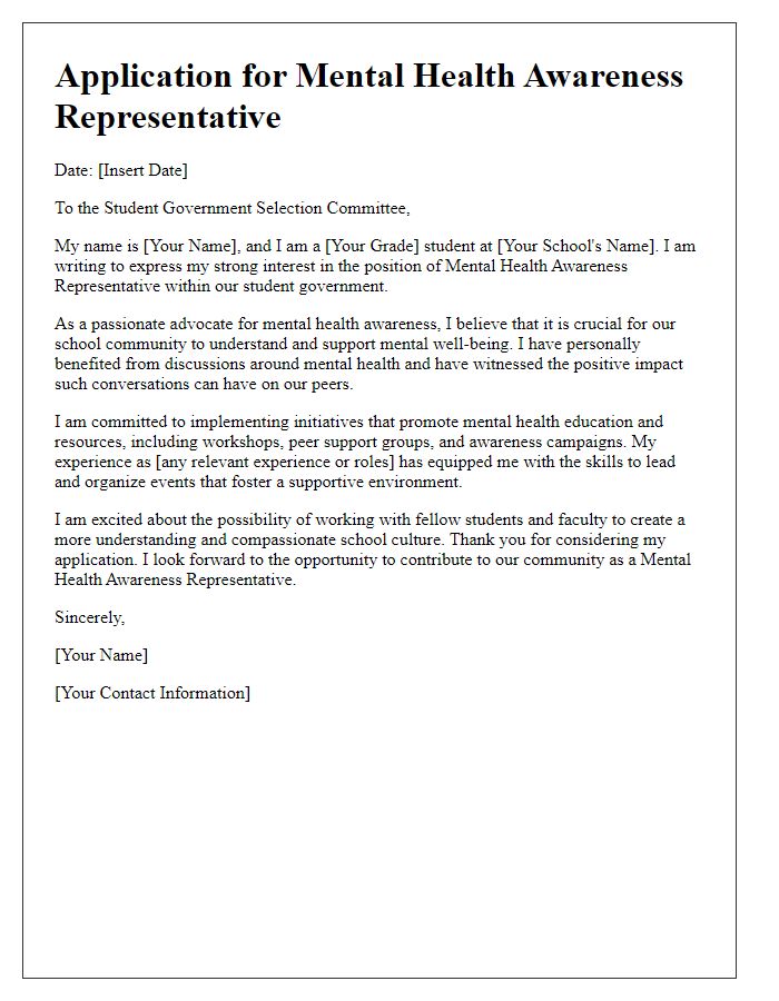 Letter template of student government application for mental health awareness representatives.