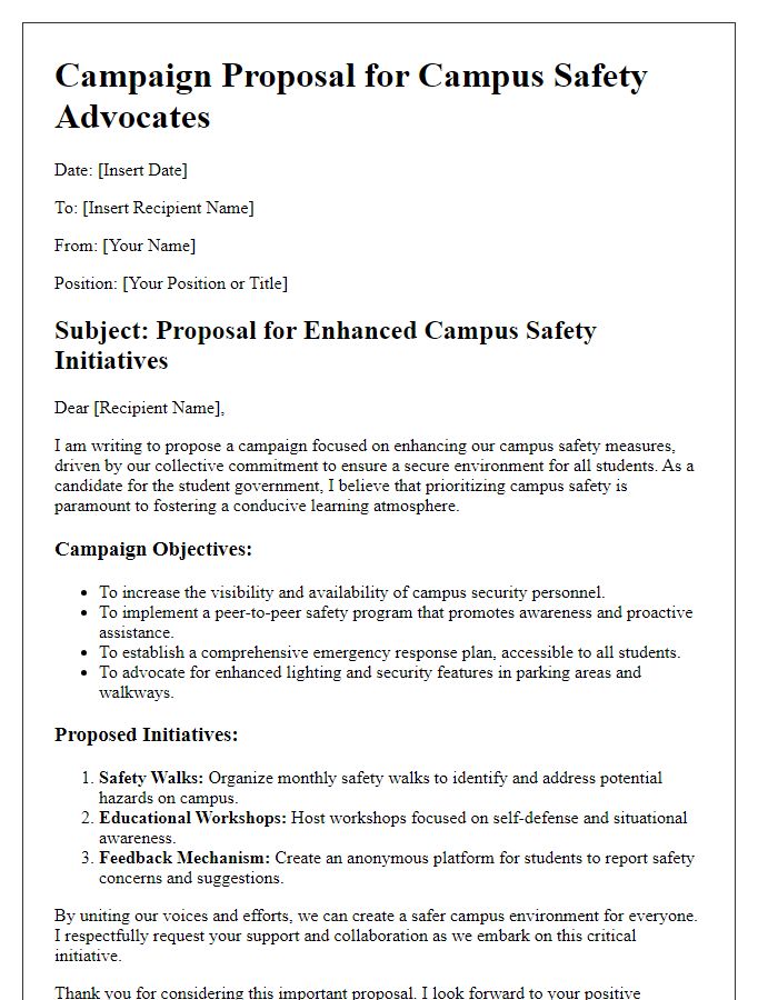 Letter template of student government campaign proposal for campus safety advocates.