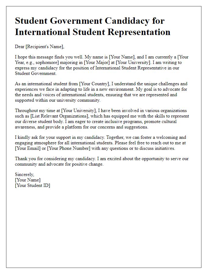 Letter template of student government candidacy for international student representation.