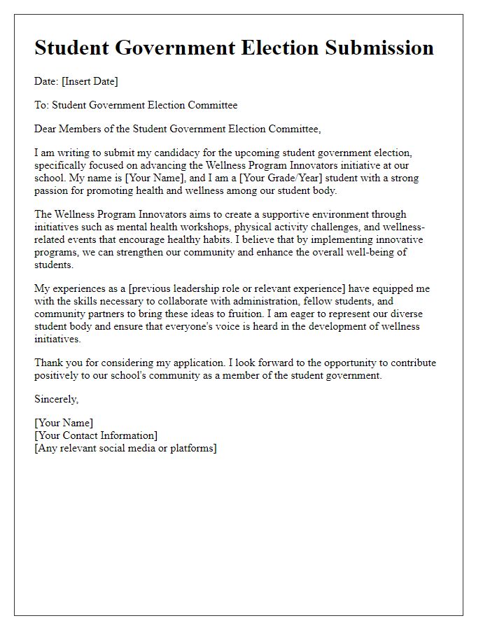 Letter template of student government election submission for wellness program innovators.