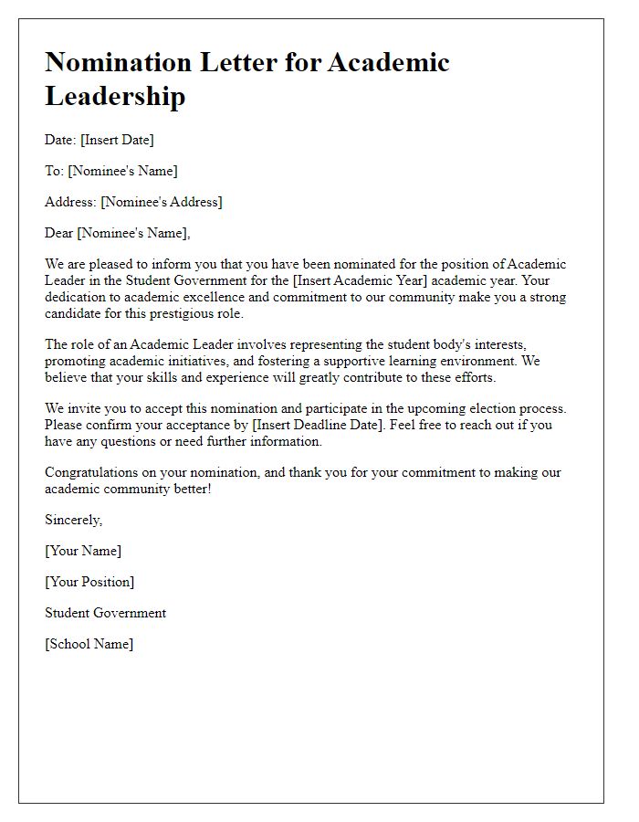 Letter template of student government nomination for academic leaders.