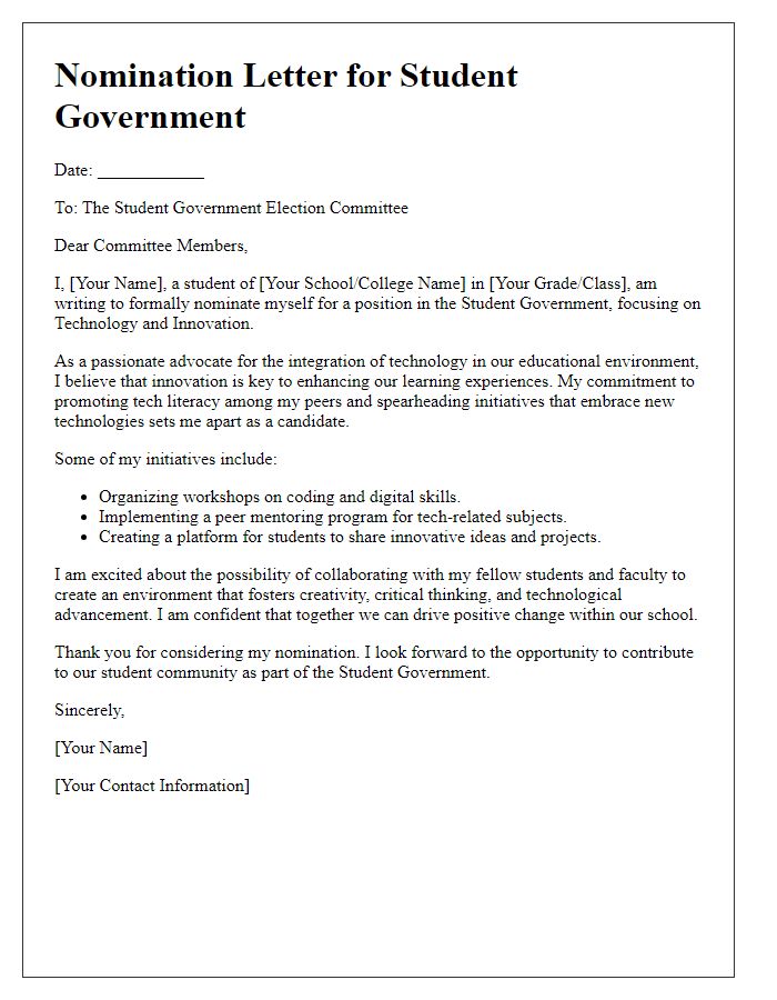 Letter template of student government nomination for technology and innovation enthusiasts.