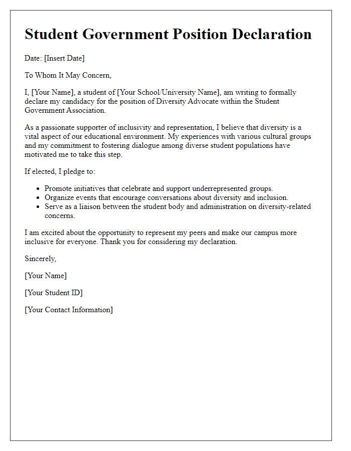 Letter template of student government position declaration for diversity advocates.