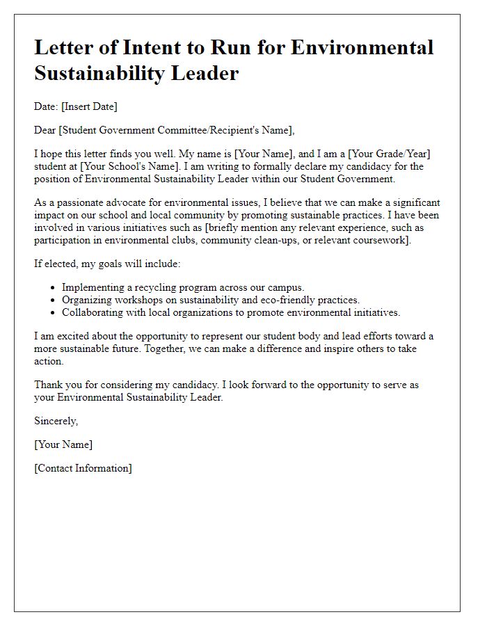 Letter template of student government run for environmental sustainability leaders.