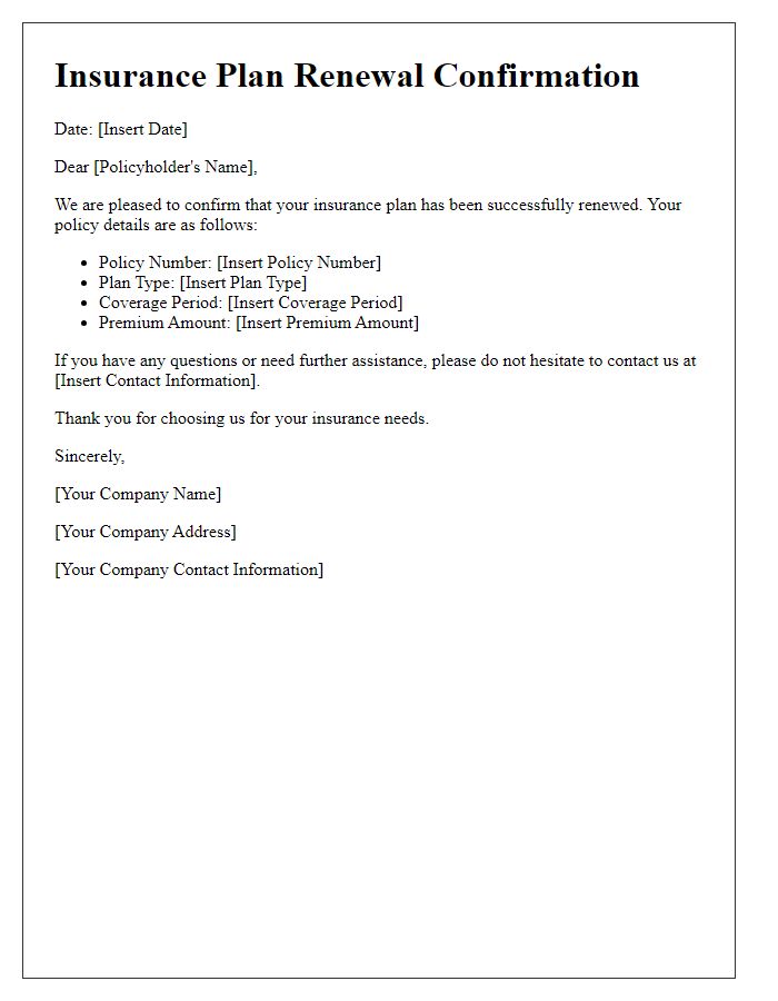 Letter template of insurance plan renewal confirmation