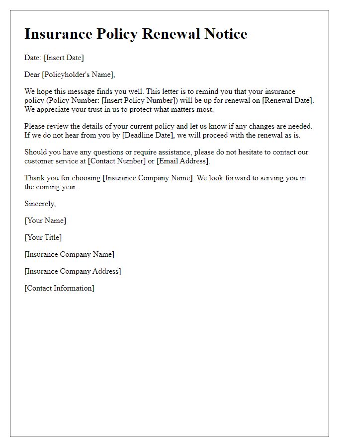 Letter template of renewal notice for your insurance policy