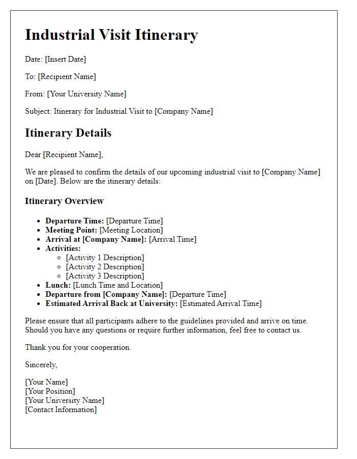 Letter template of university industrial visit itinerary details