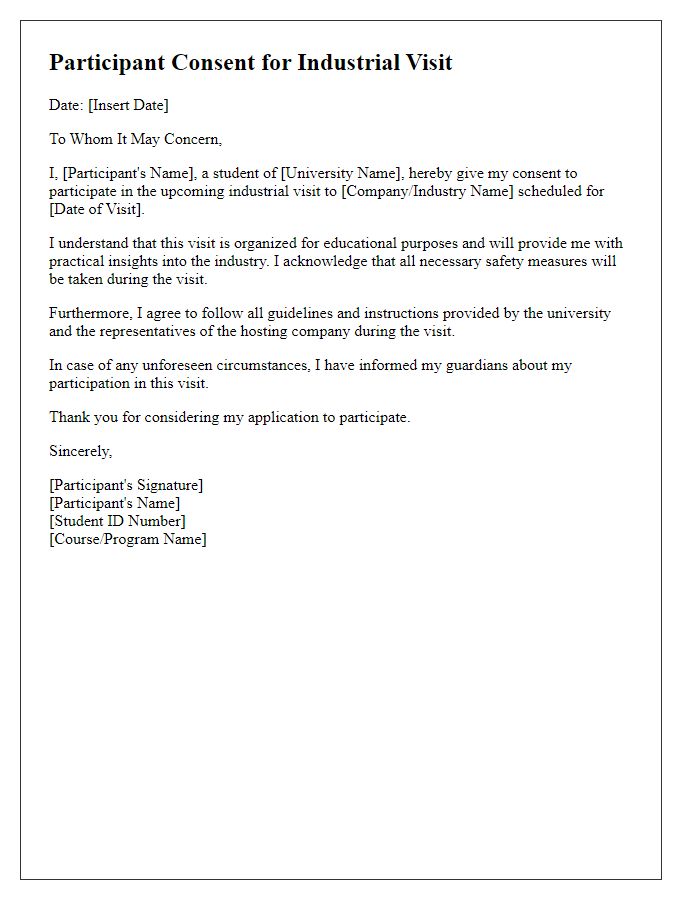 Letter template of university industrial visit participant consent