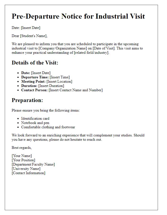 Letter template of university industrial visit pre-departure notice