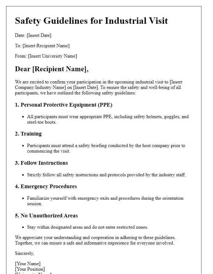 Letter template of university industrial visit safety guidelines