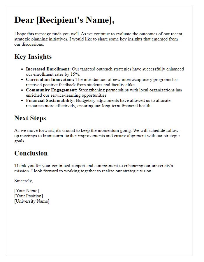 Letter template of insights on university strategic planning outcomes.