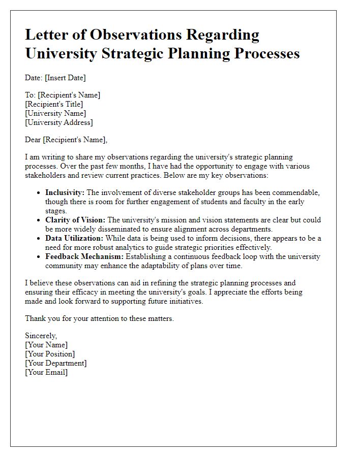 Letter template of observations regarding university strategic planning processes.