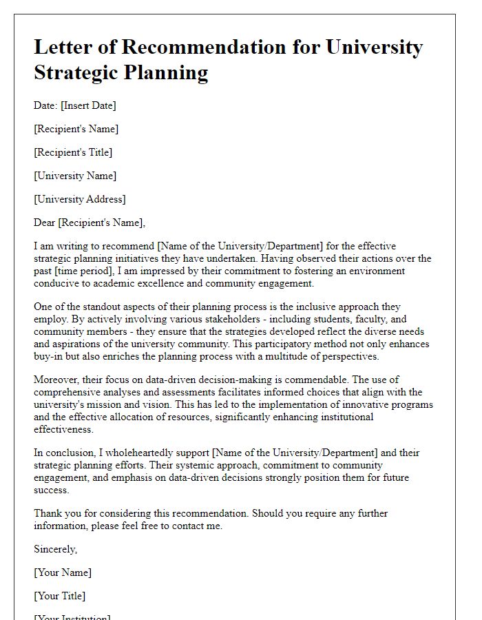 Letter template of recommendations for effective university strategic planning.