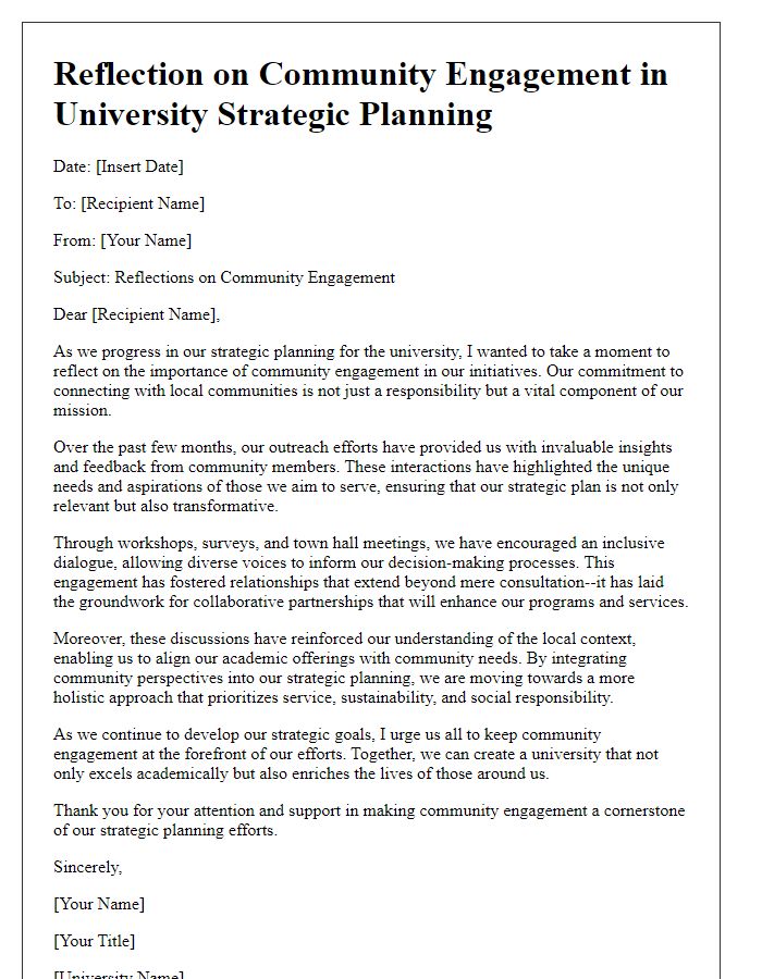 Letter template of reflections on community engagement in university strategic planning.