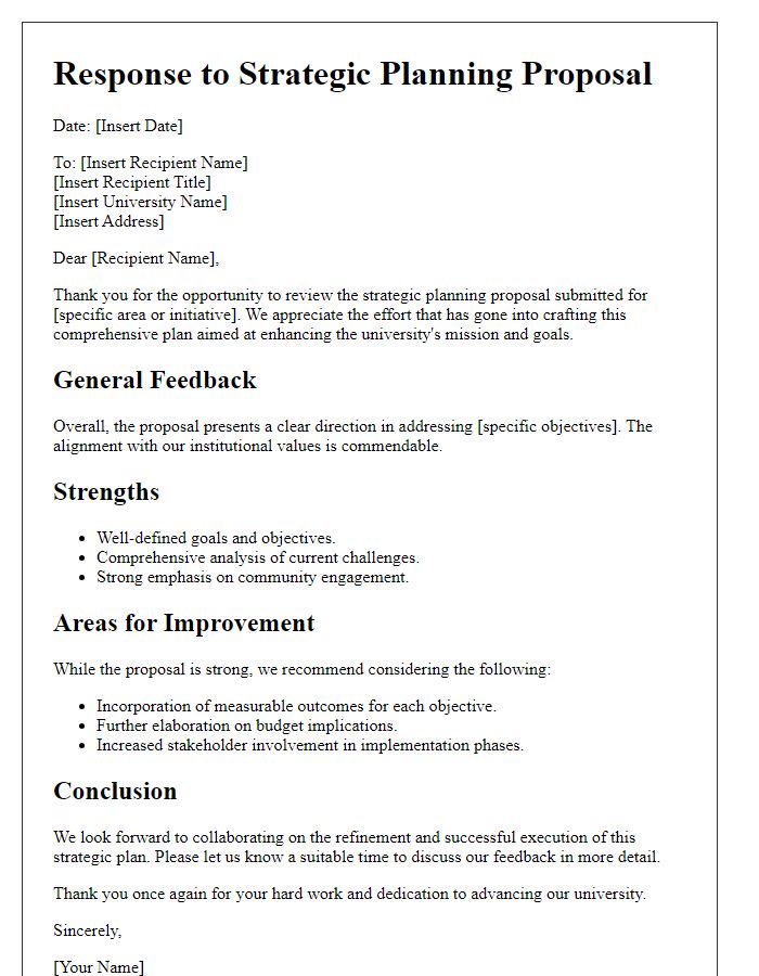 Letter template of responses to university strategic planning proposals.