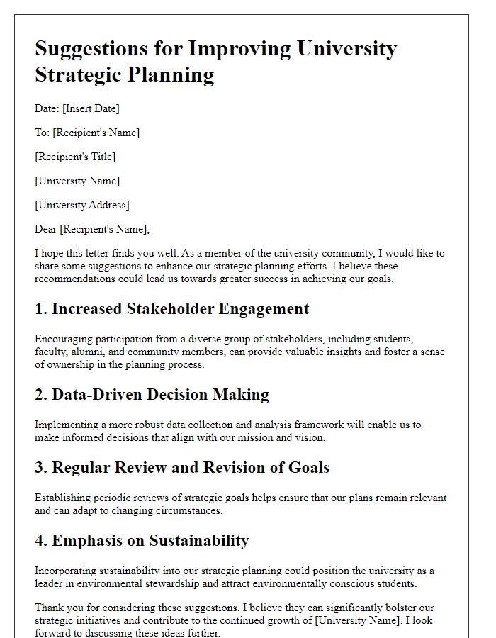 Letter template of suggestions for improving university strategic planning efforts.