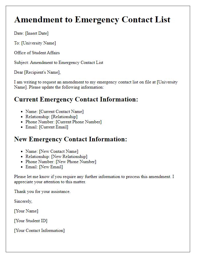 Letter template of amendment to emergency contact list for university files