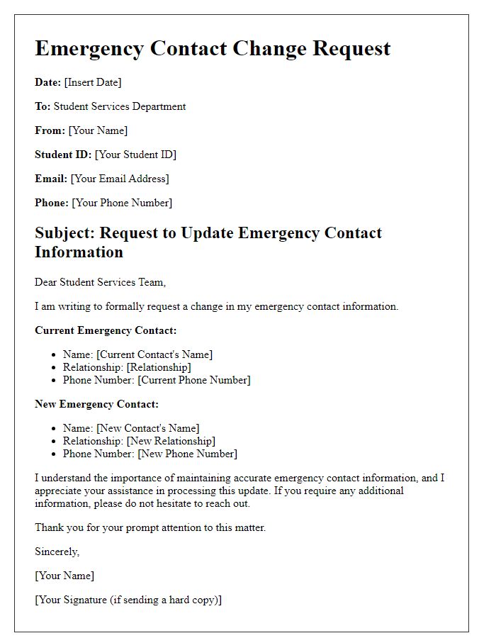 Letter template of emergency contact change request for student services