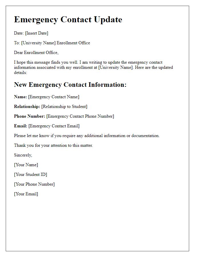 Letter template of emergency contact update for university enrollment