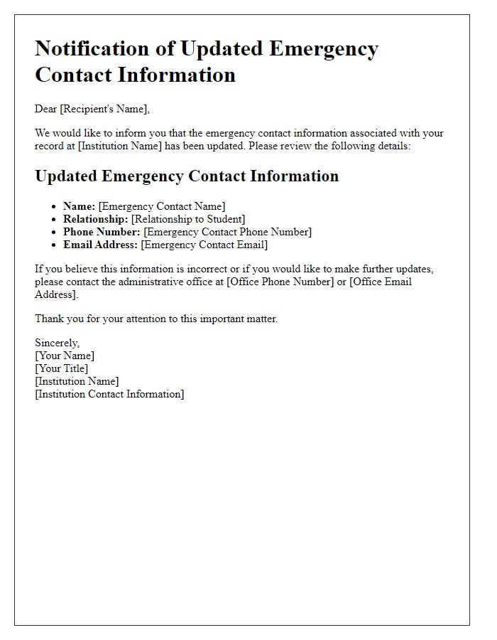 Letter template of notification for updated emergency contact for academic institution