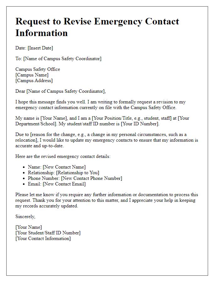 Letter template of request to revise emergency contact information for campus safety