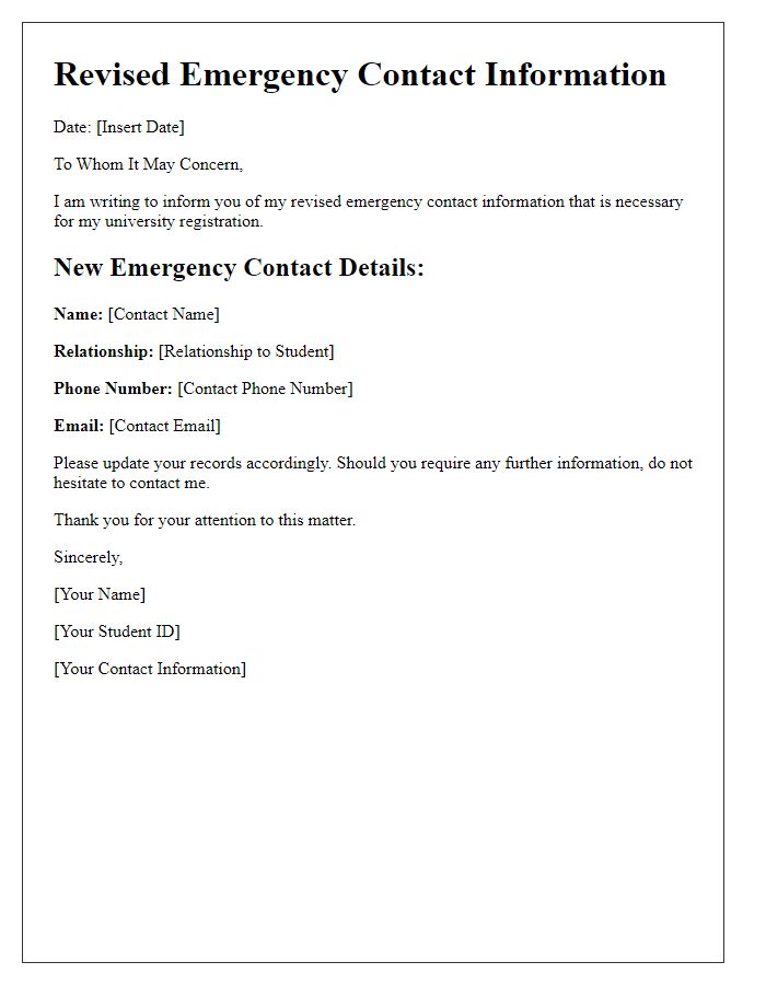 Letter template of revised emergency contact info for university registration