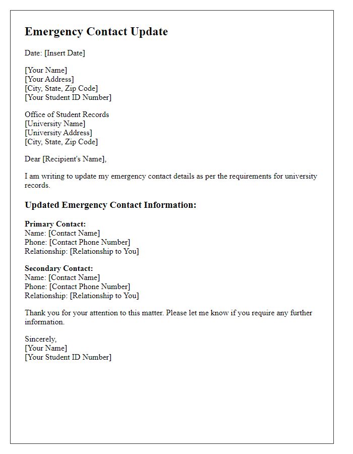 Letter template of updated emergency contact details for university records