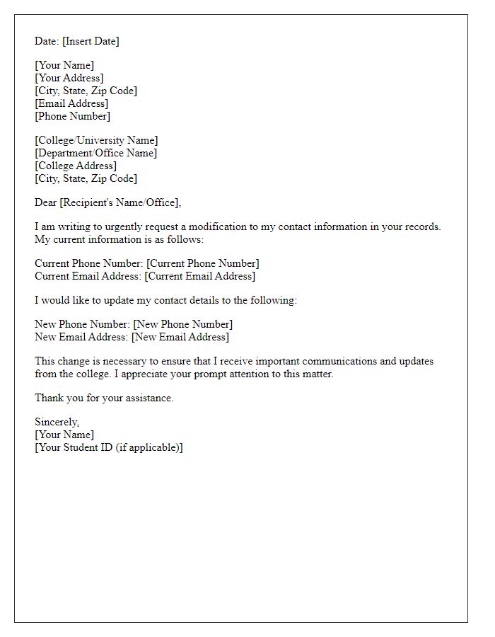 Letter template of urgent contact information modification for college