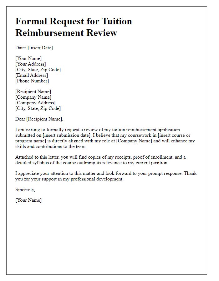 Letter template of formal request for tuition reimbursement review