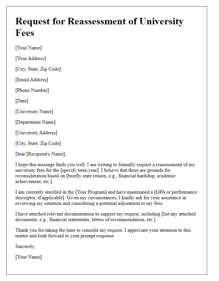 Letter template of request for reassessment of university fees