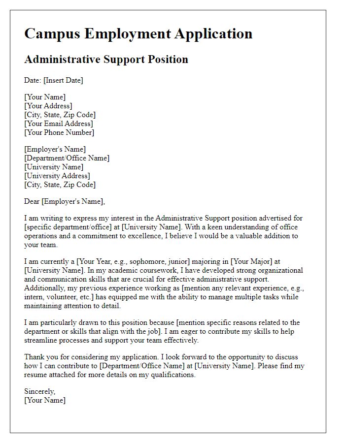 Letter template of campus employment application for administrative support