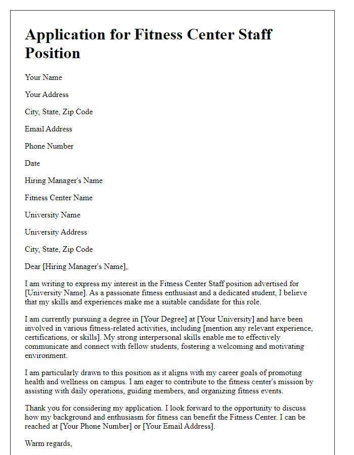 Letter template of campus job application for fitness center staff