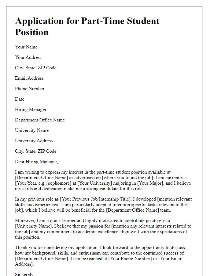 Letter template of campus job application for part-time student positions