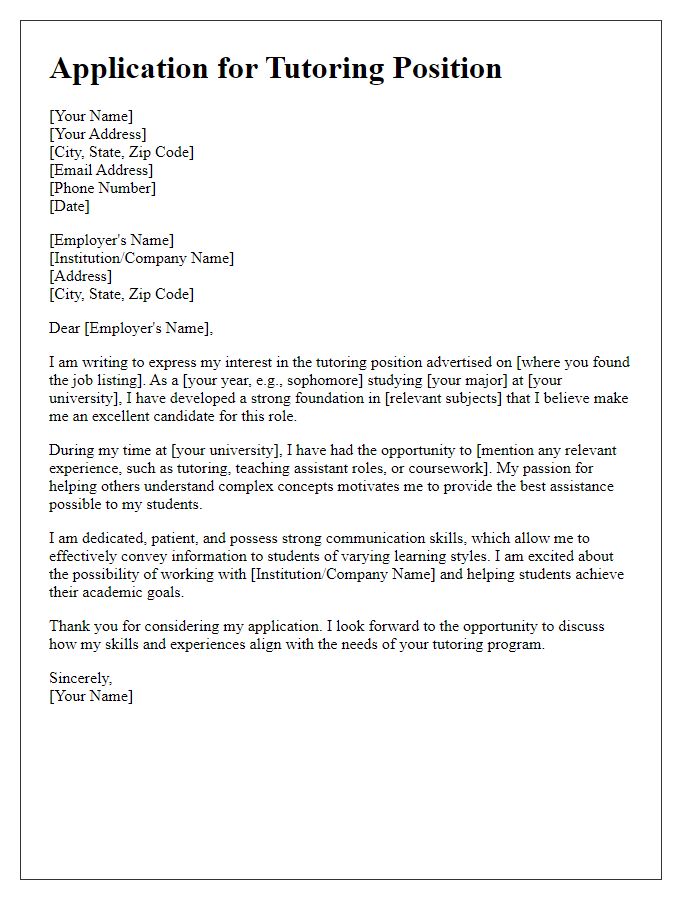 Letter template of student job application for tutoring positions