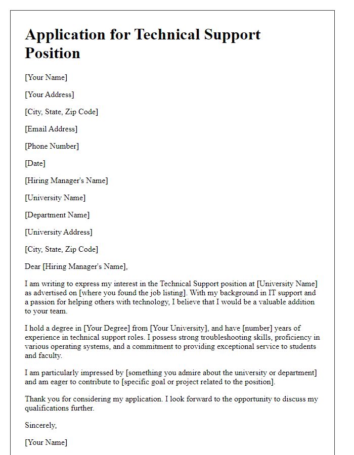 Letter template of university employment application for technical support