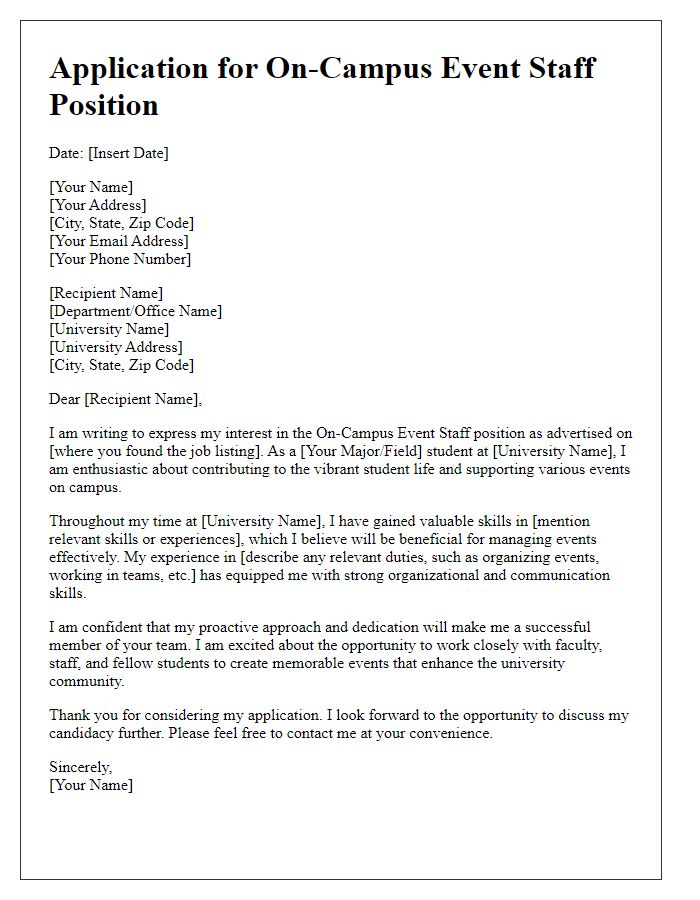 Letter template of university job application for on-campus event staff