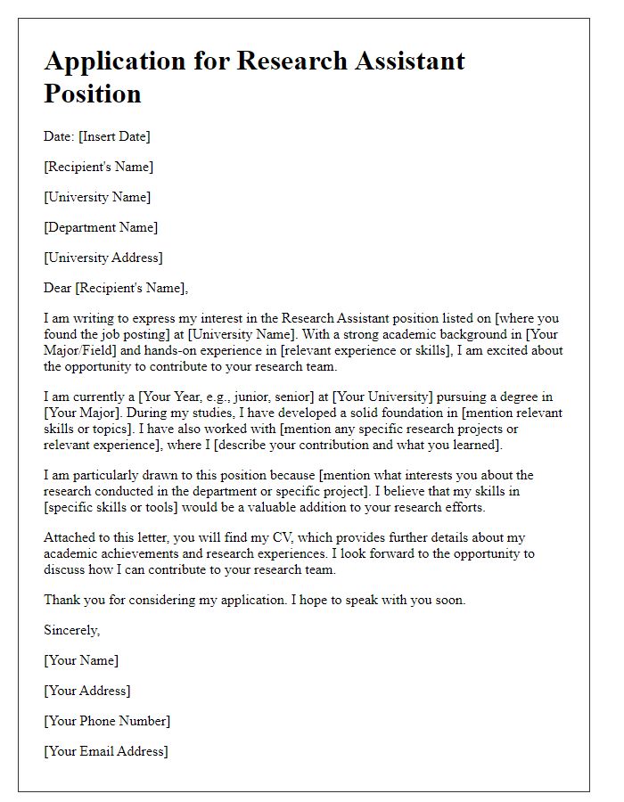 Letter template of university job application for research assistant roles