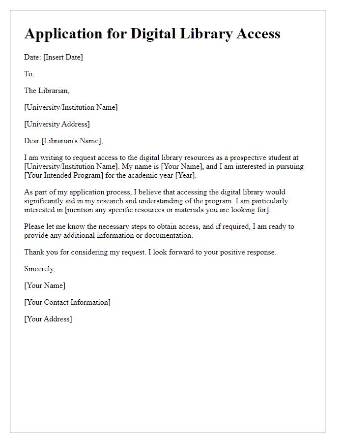Letter template of application for digital library access as a prospective student