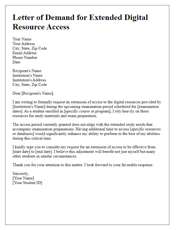 Letter template of demand for extended digital resource access during examinations