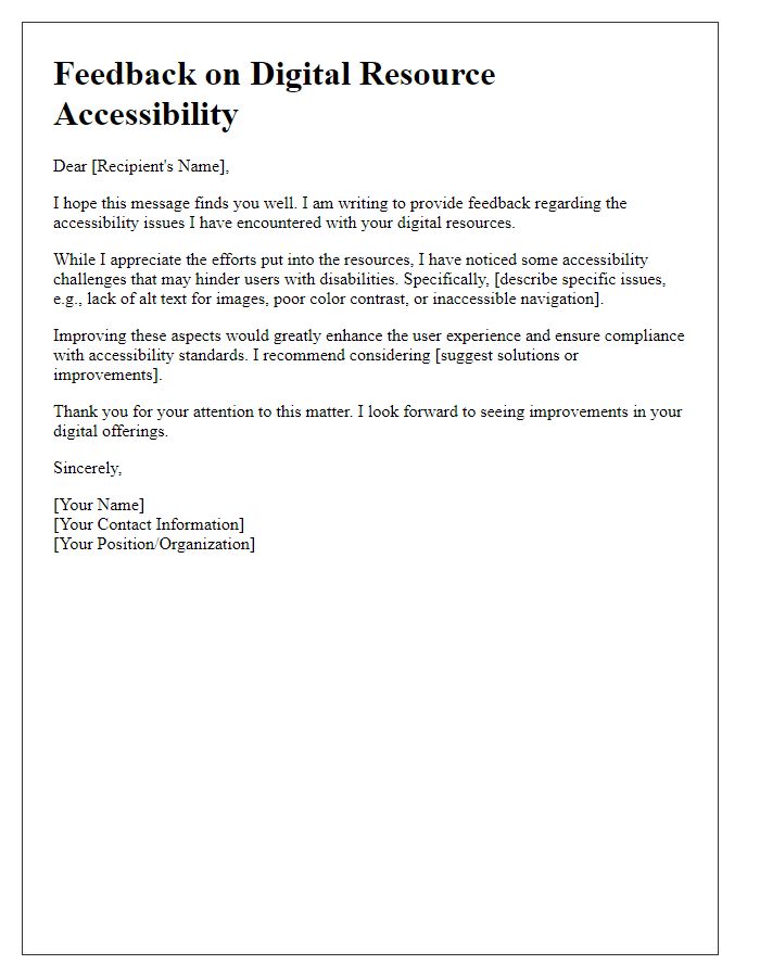 Letter template of feedback on digital resource accessibility issues