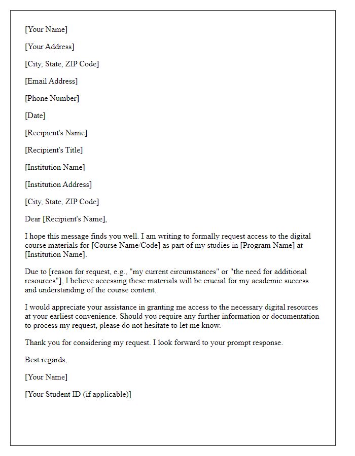 Letter template of formal request for digital course materials access
