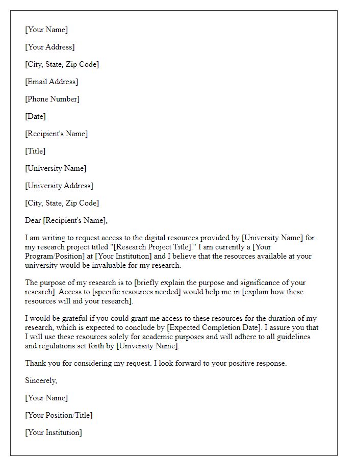 Letter template of request for university digital resource access for research purposes