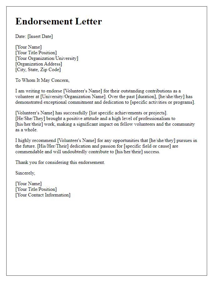 Letter template of endorsement for university volunteer achievements.