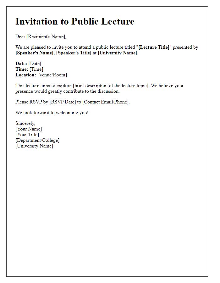 Letter template of invitation for university public lecture announcement.