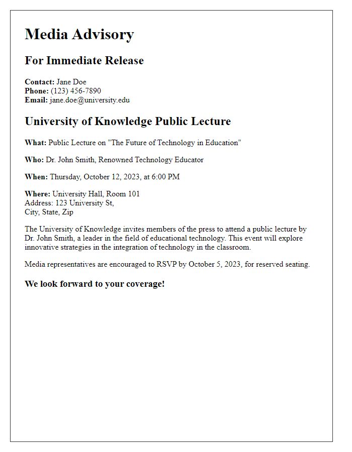 Letter template of media advisory for university public lecture coverage.