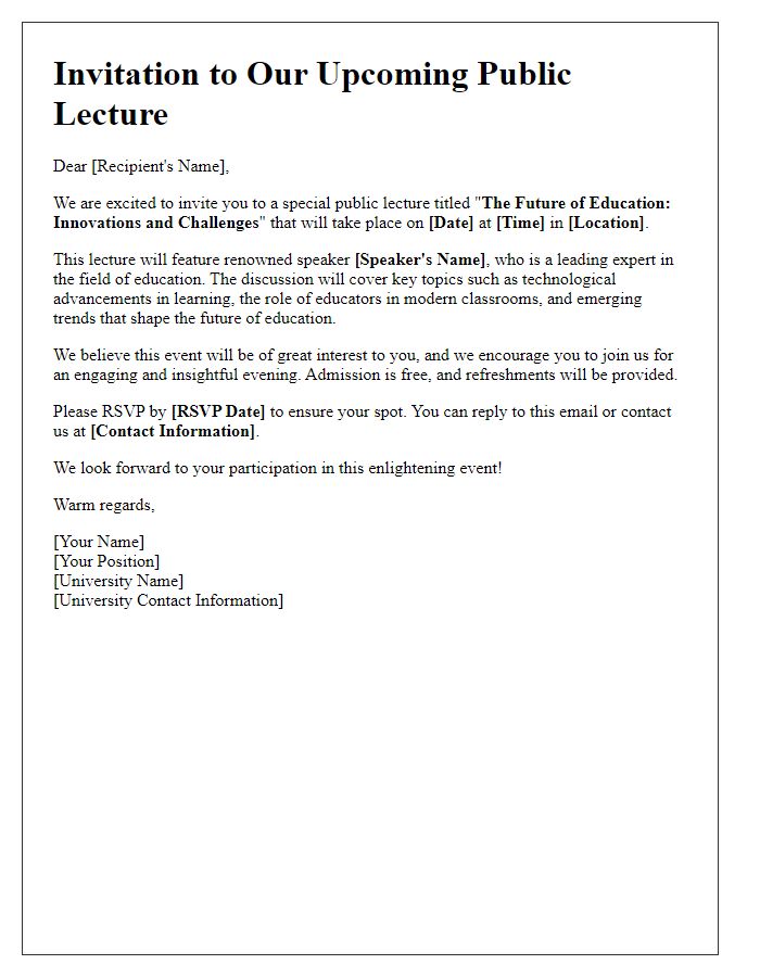 Letter template of promotional outreach for university public lecture.