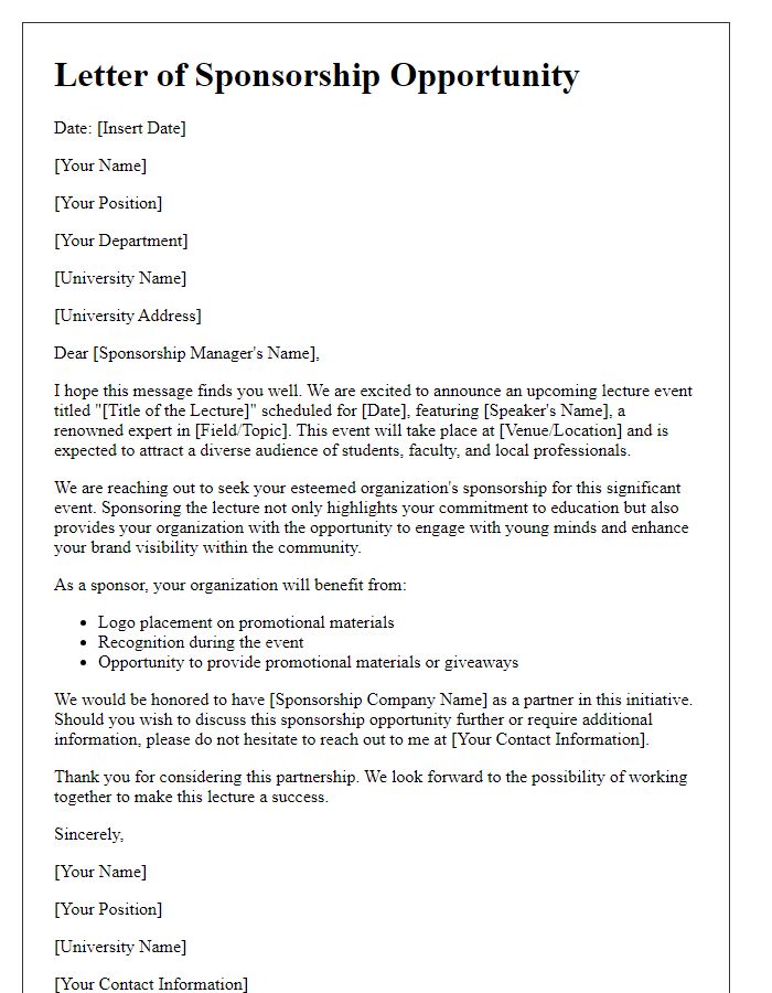 Letter template of sponsorship opportunity for university lecture.