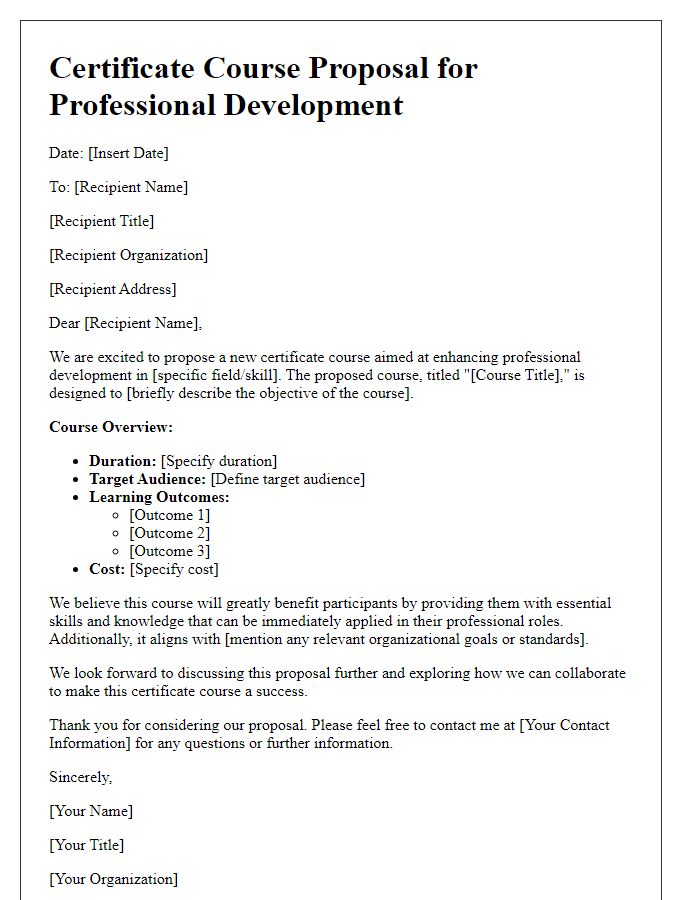 Letter template of certificate course proposal for professional development