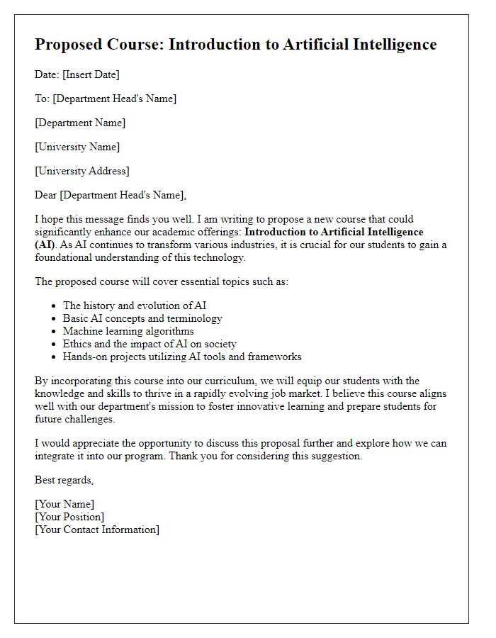 Letter template of innovative course suggestion for academic department