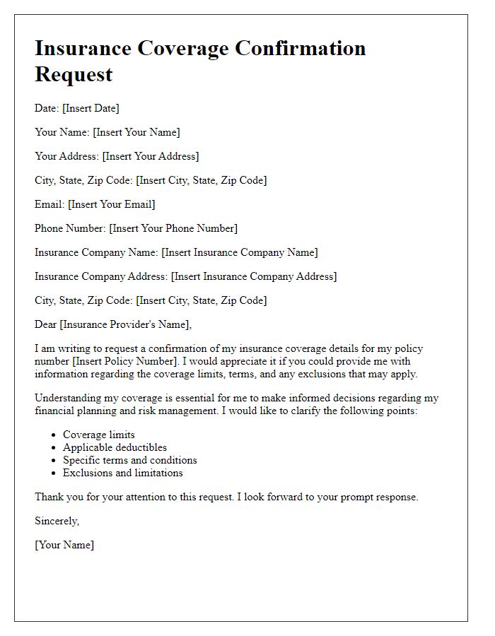 Letter template of insurance coverage confirmation request
